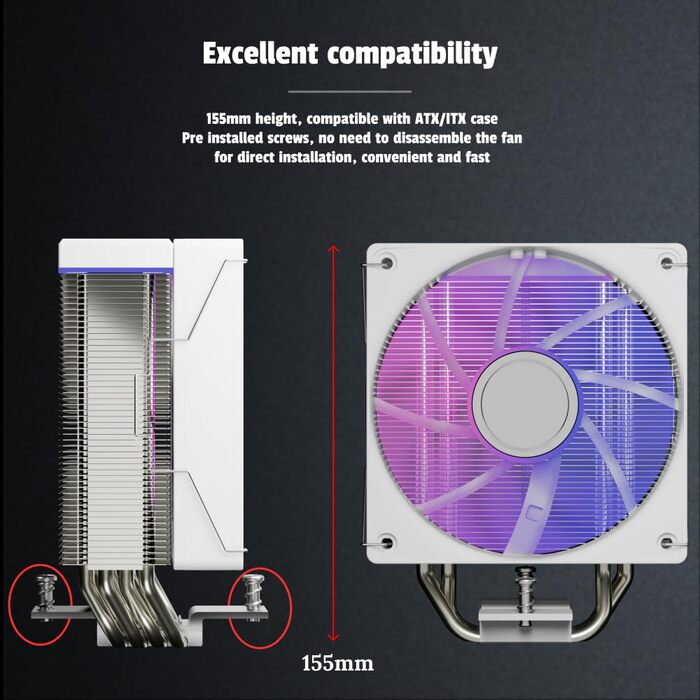 Охолоджувач CPU Jungle Leopard KF400X з LED підсвічуванням: 4 теплові трубки, 4PIN PWM вентилятор, сумісний з Intel LGA 2011/115X/1200/1366/1700/1851, AM4/AM5 (білий)