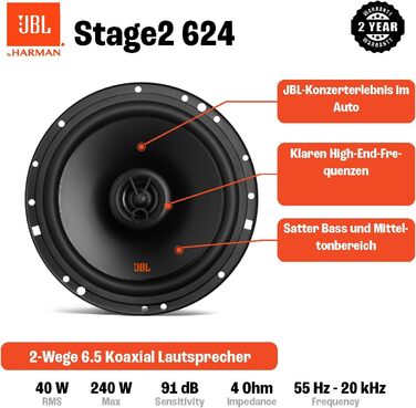 JBL Stage2 624 автомобільні 2-смугові динаміки Harman Kardon, 240 Вт, комплект колонок 16-17 см