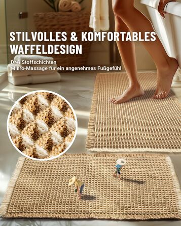 Boho Bathroom Rug Set - Non-Slip Bath Mats (2-Piece) - Washable Shower Rugs for Bathroom, Bedroom, Living Room - 51x120cm + 41x61cm (Brown & White)