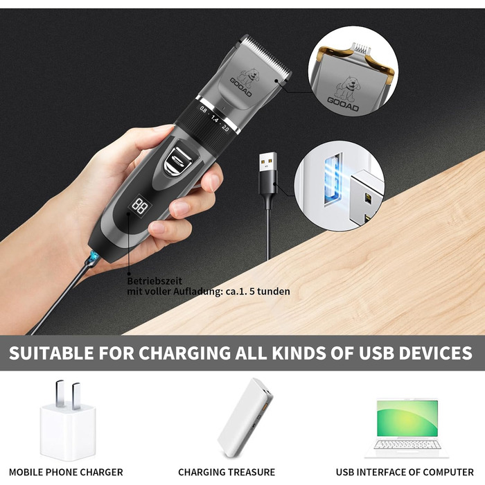 Електрична машинка для стрижки собак та котів, безшумна, USB, акумуляторна, бездротова, для собак та котів (сіра)