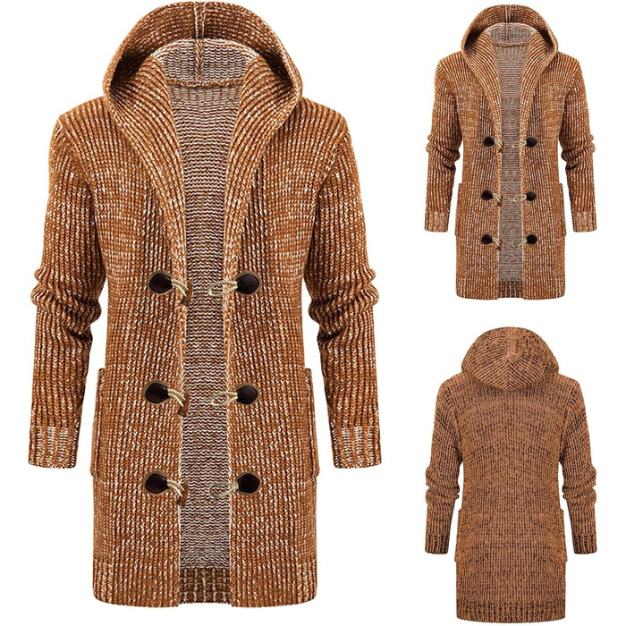 Чоловіча в'язана кардиган з бавовни - тепла чоловіча толстовка з капюшоном та ґудзиками для осені та зими (Хакі, 3XL)