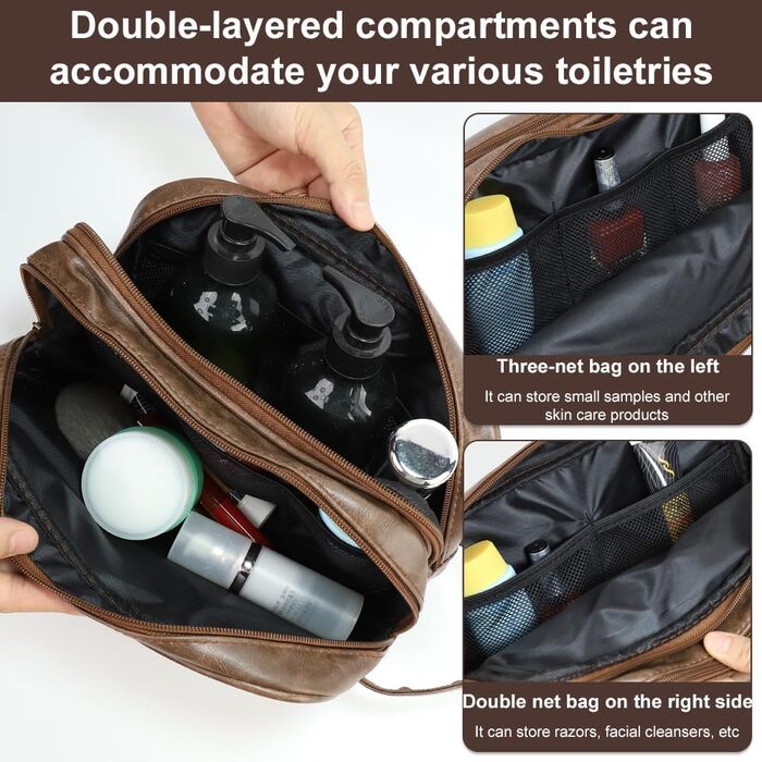 Чоловіча косметичка Kulturbeutel з водонепроникного PU-шкіряного матеріалу, двошарова, для подорожей та спорту (темно-коричнева)