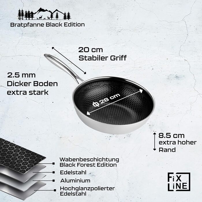 FIXLINE® Сковорода Black Forest 28 см з антипригарним покриттям без PTFE, для всіх типів плит (включно з індукцією), сумісна з духовкою до 230°C, легке очищення, ідеальна ідея для подарунка