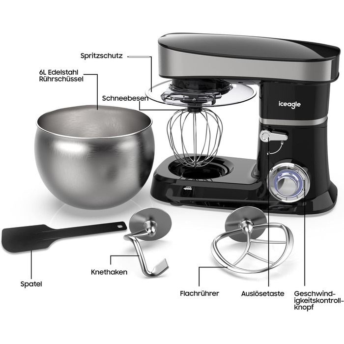 Кухонна машина з чашею 6л з нержавіючої сталі, міксер для тіста з Flexi-мішалкою, гаком для тіста та вінчиком, 6 швидкостей, 1500 Вт