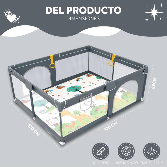 EveryKip® Playpen Baby 120x120cm, Playard Baby with Breathable Mesh, Baby Playpen with Zipper Door, Children's Playpen, Small Playpen Dark Grey