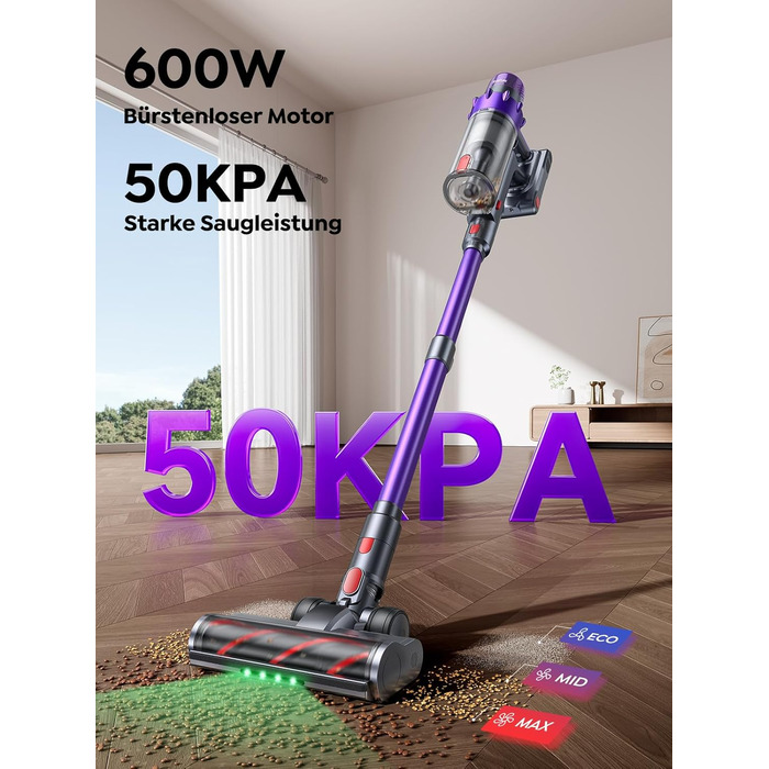 SMOTURE Бездротовий акумуляторний пилосос 50 000 Па, 65 хв роботи, міні-турбонасадка, самостійна парковка, антизаплутана щітка, док-станція на стіні, для шерсті тварин/килимів/твердих поверхонь/автомобіля, модель: VAC02, темно-фіолетовий