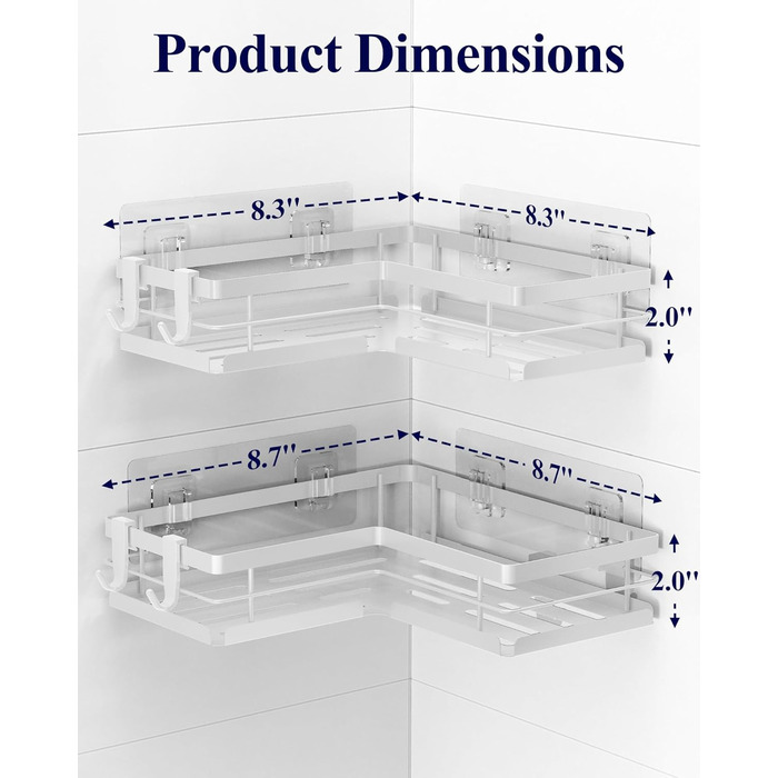 Набір полиць для душу Kitsure без свердління – 2 шт. Стабільні полиці для душу без свердління з швидким зливом, з нержавіючої сталі та міцною клейкою основою для ванної кімнати (22,0 x 22,0 x 5,0 см, білий)