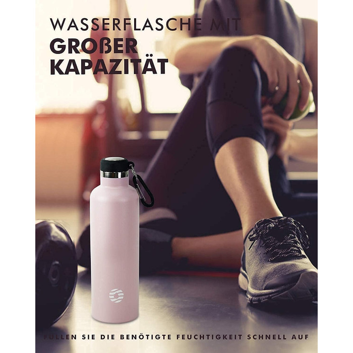 Фляга спортивна Feijian 1L з карабіном - термофляга з нержавіючої сталі, витримує напій з газом, без BPA, для туризму, спорту, школи, велосипеда, армійського кольору (Рожева, 750 мл)