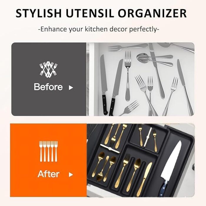 Органайзер для столових приборів ZHUlYIWIN в шухляду, розсувний, з тримачами для ножів, чорний