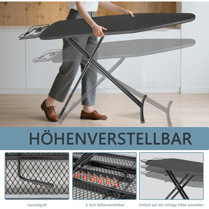 Відкидна прасувальна дошка з підставкою для праски, регульована по висоті, з неслизькими ніжками, компактна, чорна (122 x 38 см)