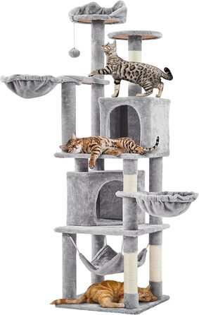 Кігтеточка Yaheetech XXL для котів, 175 см, для 3-4 котів, стабільна, з сизалевими стовпчиками, платформами, гамаком, м'ячиком, сірий колір