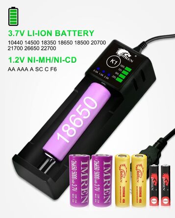 Зарядний пристрій IMREN 18650 з 4 слотами, 2A, USB-C, для акумуляторів 3.7V Li-Ion 18350 14500 14650 17500 18700 20700 21700 22650 26650 1.2V NI-MH/NI-Cd AA AAA C