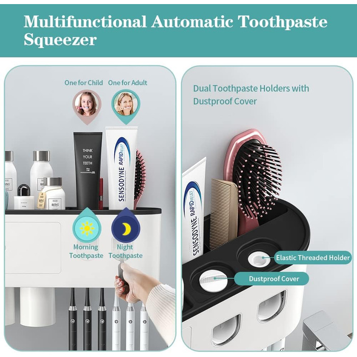 Wall-Mounted Toothbrush Holder with 2 Automatic Toothpaste Dispensers, 6 Toothbrush Slots, 3 Magnetic Cups, 1 Storage Drawer, and Large Storage Shelf