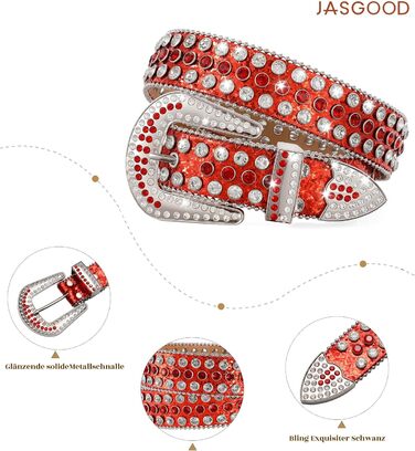 Жіночий шкіряний ремінь JasGood з камінням, в стилі вестерн, ковбойський, з заклепками для джинсів та штанів (Червоний, 135 см - підходить для розміру штанів 111-123 см)