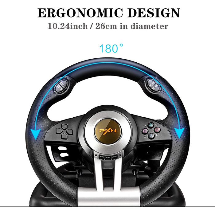 PXN V3II Руль для гонок з педалями, 180°, сумісний з PS3/PS4, Xbox One/Series, Nintendo Switch та PC, чорний