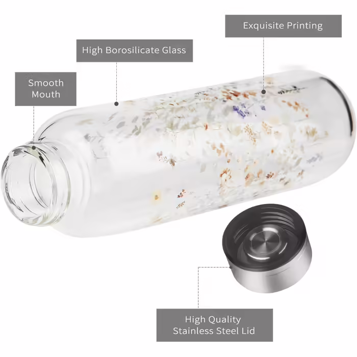 Glass Drinking Bottle, Sport Borosilicate Glass Water Bottle with Neoprene Sleeve with Leak-Proof Stainless Steel Lid 500 ml / 1000 ml / 1 Liter