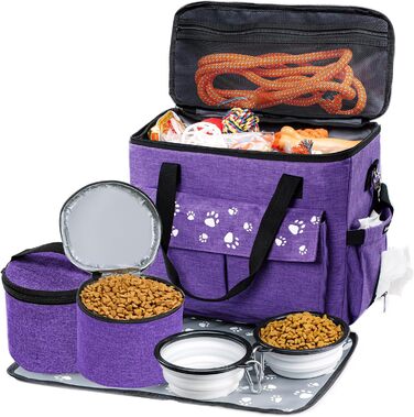 Сумка для собак у подорожі, схвалена авіаперевізниками, з контейнерами для корму та складними мисками (XL), фіолетовий
