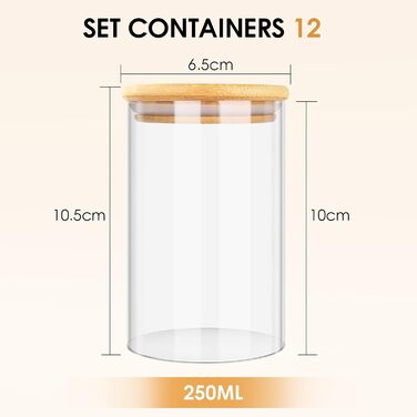 Набір скляних банок для спецій Cinnani 250 мл (12 шт) з дерев'яними кришками, герметичні, з етикетками