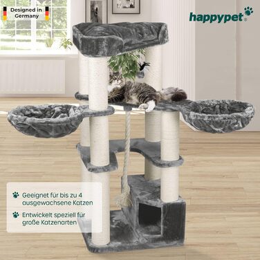 HAPPYPET Дряпка для котів 'Оскар' - 161 см, преміум якість, для великих котів, 47 кг, товсті стовпи (12 см), плюш (600 г), сертифіковане дерево (сірий)