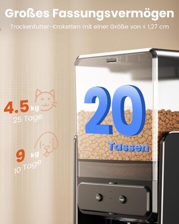 Автомат годування котів з App-керуванням, для 2 котів, регульована висота, 2 миски, 5-літровий бункер, з функцією запису голосу, таймер, WiFi