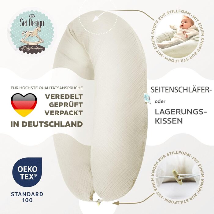 Подушка для годування sei Design XXL 190x30 см з мусліновою наволочкою, ергономічна, для вагітних, для сну на боці, комфортна подушка для дорослих, наволочка з 100% органічної бавовни муслін