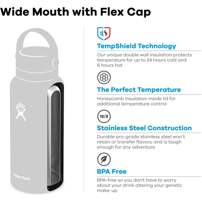 HYDRO FLASK - 1180ml (40oz) Water Bottle - Insulated Stainless Steel Water Bottle - Sports Bottle with Leak-Proof Flex Cap Lid & Strap - Dishwasher Safe Thermos - Wide Mouth Opening - (Fog, 1183 ml)
