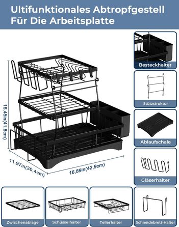 Сушарка для посуду Yissvic з нержавіючої сталі, 3-рівнева, з піддоном, тримачем для ножів та дощечкою для нарізання, поворотним виливом, чорна