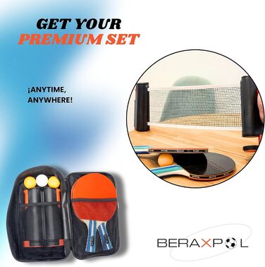 BERAXPOL Набір для настільного тенісу преміум-класу, портативний, з висувною сіткою | 3 м'ячі | Сумка для перенесення | Сімейний відпочинок | Подарунок