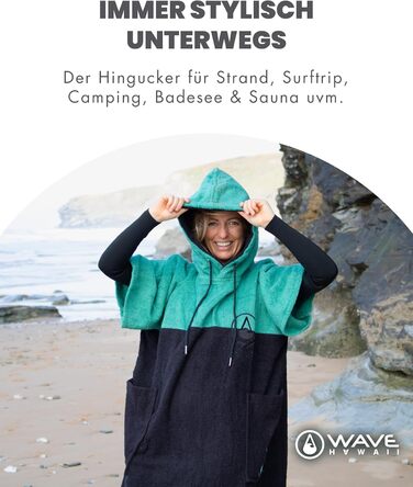 WAVE HAWAII Bathrobe Poncho for Women & Men | Size L, 170-200cm | 100% Cotton Surf Poncho | Velour & Terry Cloth Towel with High Water Absorption | Changing Aid for Adult Beachgoers