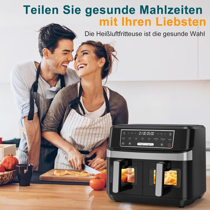Фритюрниця повітряна з 2 камерами та вікном, 10л XXL, 8-в-1, сенсорний дисплей, таймер, без олії, здорове приготування