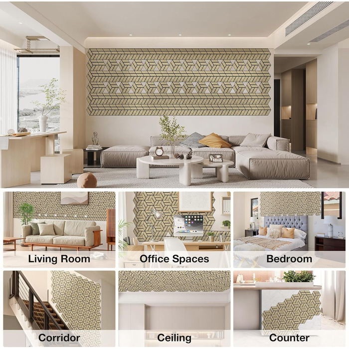 Акустичні 3D панелі JAMELO з натурального шпона дуба, самоклеючі гексагональні стінові панелі для декору стін та стелі, 30x15x1.2 см, 10 шт., натуральний колір
