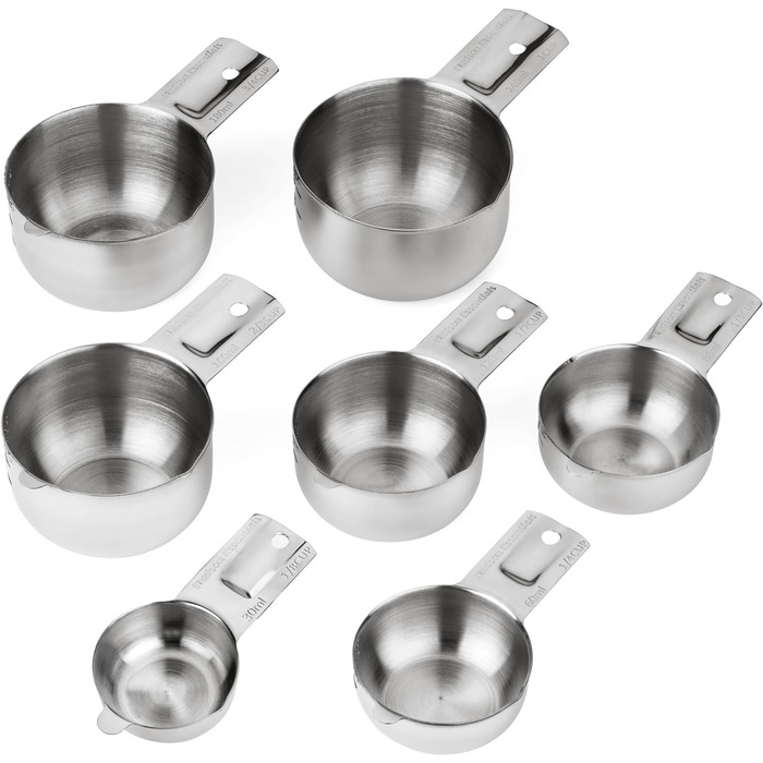 304 Stainless Steel Measuring Cup Set, 7-Piece, Stackable, with 1/8 Cup, 2 Tablespoons (Diverter Nozzle Model)