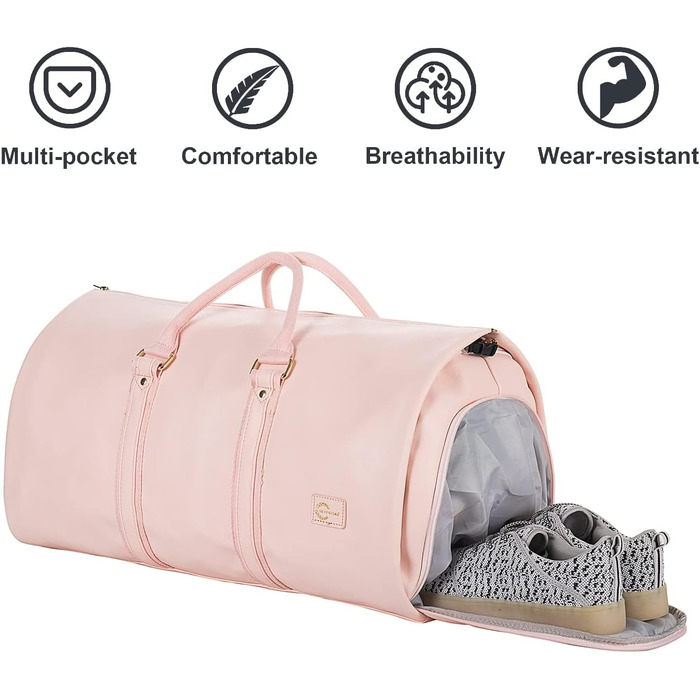 Seyfocnia Convertible Garment Bag for Women, Leather Garment Bags for Travel with Shoe Bag, 2-in-1 Hanging Travel Bags (Pink)