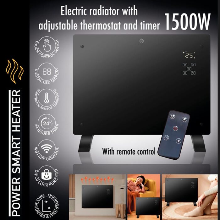 Електричний конвектор Power Smart Heater 1500 Вт з термостатом і керуванням через додаток, настінний та підлоговий, енергоощадний електрообігрівач