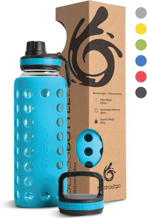 Glass Drinking Bottle with Silicone Sleeve – 100% Leak-Proof, BPA-Free, Dishwasher Safe, 2 Replaceable Lids – Ideal for Office, Fitness, Yoga, Sports & Outdoor – 950 ml (Coral Blue 2.0)