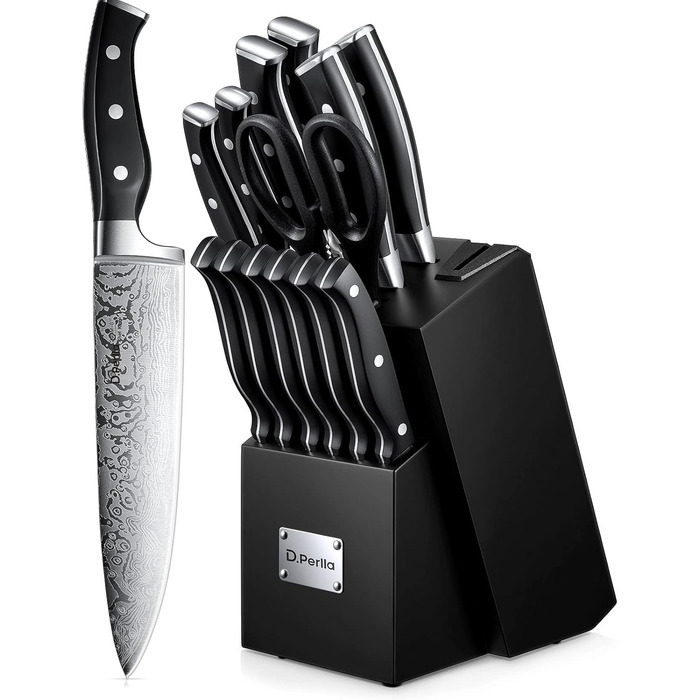 D.Perlla Self-Sharpening Knife Block Set - 14 Piece Stainless Steel Knife Set with Plastic Handle & Wood Block - Professional Kitchen Knife Set