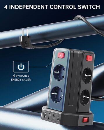 Мережевий фільтр Sameriver з 4 USB, 8 розеток, захистом від перенапруги, вимикачем та 2м кабелем, чорний