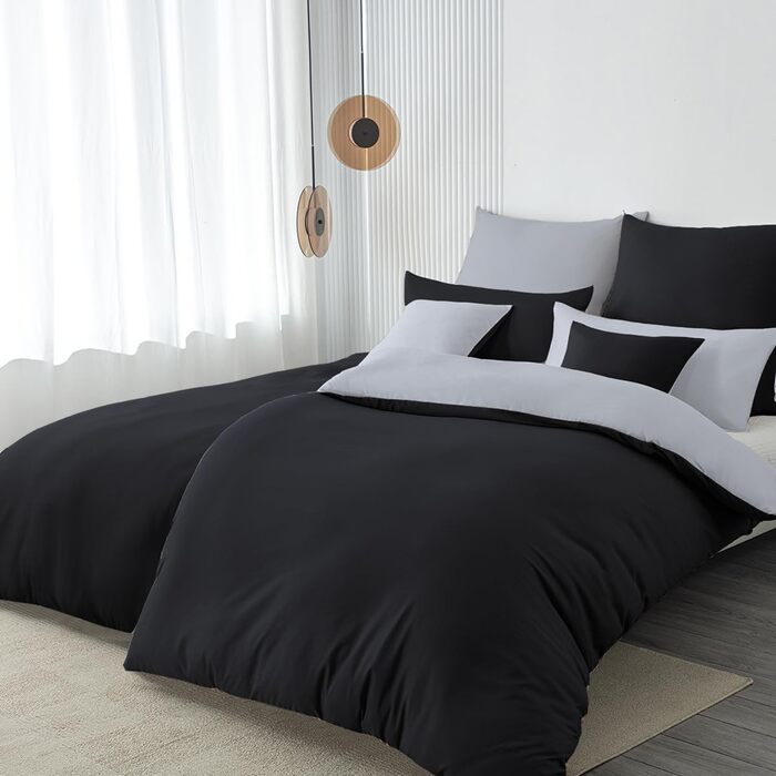 Комплект постільної білизни 135x200 4 частини з мікрофібри, двостороння, чорний/сірий, з блискавкою (2x 135 x 200cm + 2x 80x80cm)