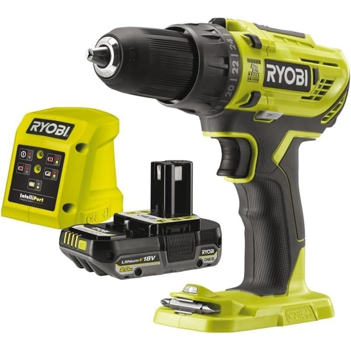 RYOBI 18V ONE+ акумуляторний ударний дриль-шуруповерт R18PD32-1C20G (2 швидкості, 50Nm, 24 ступ. крутного моменту, металевий патрон 13мм, 1x 2.0Ah акумулятор, зарядний пристрій) Generation 2 – безщітковий двигун