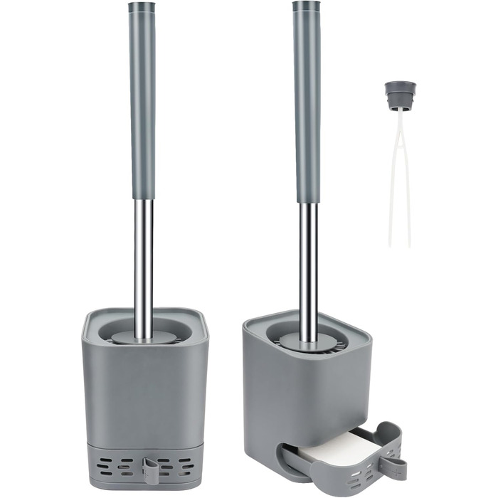 Силіконова щітка для унітазу Glowbal з контейнером, швидковисихаюча, для ванної кімнати, настінний монтаж/стійка, білий/сірий колір (сірий - набір 2 шт.)