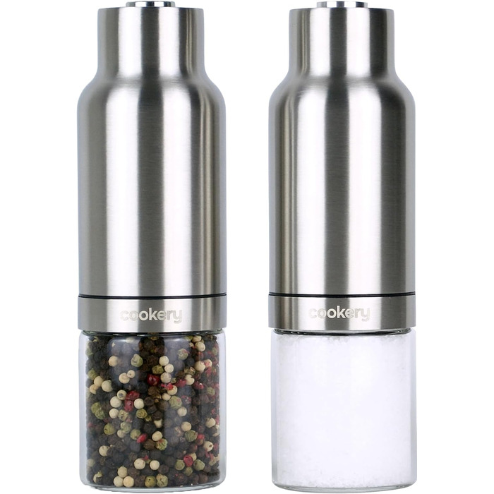 Електричний набір для солі та перцю з нержавіючої сталі з керамічним жорном. Набір для спецій: мельниця для перцю, солянка, мельниця для солі. Сріблястий колір, скляний.