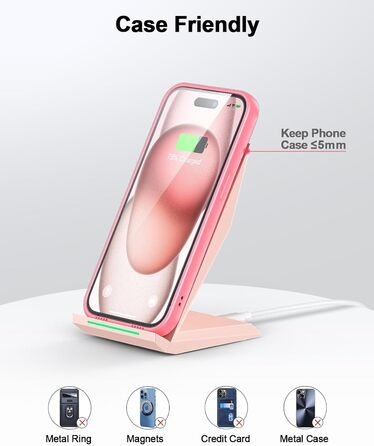 Бездротовий зарядний пристрій NANAMI Qi з адаптером USB-C 20W PD, сумісний з iPhone 17/16/15/14/13/12 Pro Max XR 8 та Samsung Galaxy S25/S24/S23/S22 (рожевий)