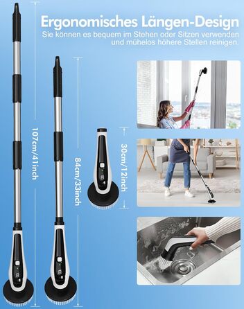 Електрична щітка для чищення з 9 насадок, щітка для швів, водонепроникна IPX8, електричний спін-скреббер з регульованою ручкою, 2 швидкості, для ванної кімнати, кухні, авто, біла+чорна