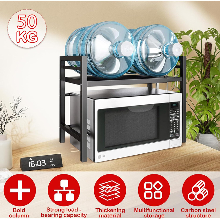 Регульована полиця для мікрохвильової печі UCAMP, розширювана, 2-рівнева, з вуглецевої сталі, для організації кухні, з підставкою для обрізної дошки та 6 гачками (чорна)