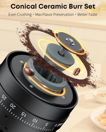 Електрична кавомолка Pawfly з керамічним жорном, 40 ступенів помолу, функцією Auto-Stop та щіткою для чищення. Професійна модель для подорожей та кемпінгу