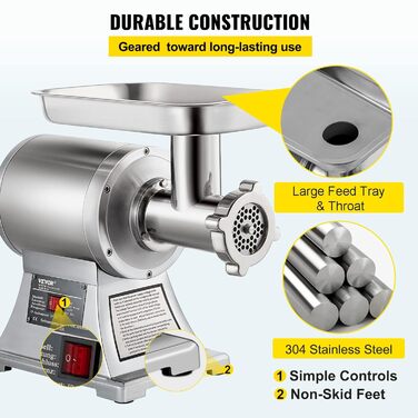 Електричний м'ясорубка VEVOR 850W, 150 кг/год, для ресторану, супермаркету, м'ясної крамниці