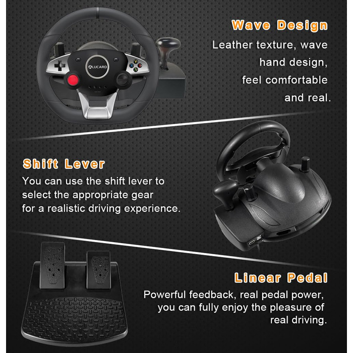 Ігрове кермо DuLingKer з педалями та перемиканням передач, 270° для PC/PS4/Switch/PS3/Xbox One/Xbox 360/Android TV, кермо для перегонів з вібрацією, зворотним зв'язком