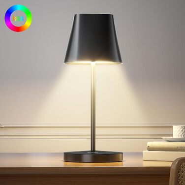 LED настільна лампа Quntis бездротова, торкання, регулювання яскравості, акумулятор, USB зарядка, 3000K-5000K, IP44, вологостійка, для столу, кемпінгу, балкону, чорна, RGB, 3 кольори світла