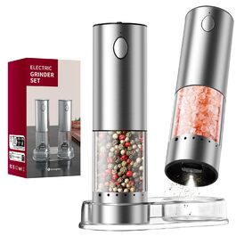 Електричні соляні та перечні млини CIRCLE JOY з нержавіючої сталі з підставкою, 95 мл, біле LED-підсвічування, регульована ступінь помелу, срібний колір