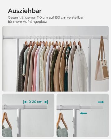 SONGMICS Clothes Rack with Wheels, Garment Rack, Heavy Duty, Extendable Clothes Rod, Holds up to 110 kg, 45 x (160-200) x 162.9 cm, Metal, Chrome, HSR176E01 ((110-150)B cm, Mattweiß)